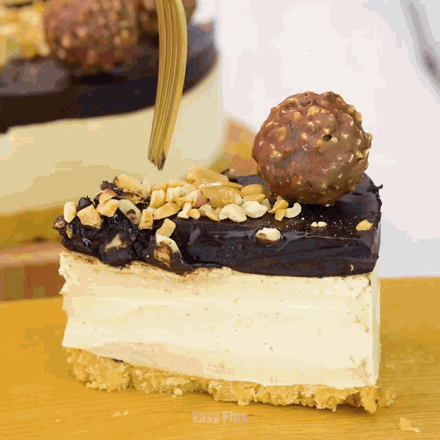 a piece of cake with nuts and a chocolate ball on top is labeled as easy plus