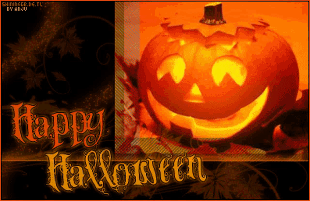 a halloween greeting card with a carved pumpkin and the words " happy halloween "