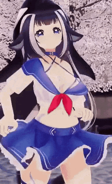 a girl in a sailor outfit is standing in front of a tree with flowers