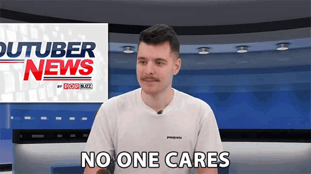 a man says no one cares in front of a patagonia t-shirt