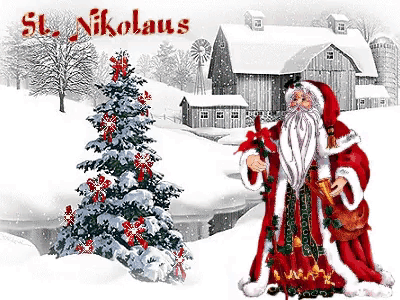 a christmas card with santa claus and a christmas tree with the words st. nikolaus on it