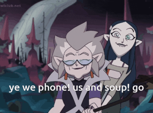 two cartoon characters are standing next to each other with the words " ye we phone us and soup go " on the bottom
