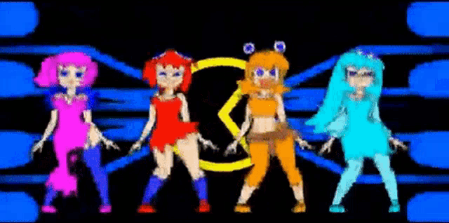 a group of cartoon characters are standing next to each other on a blue and black background .