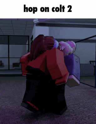 a video game character is hugging another character with the words hop on colt 2 above them