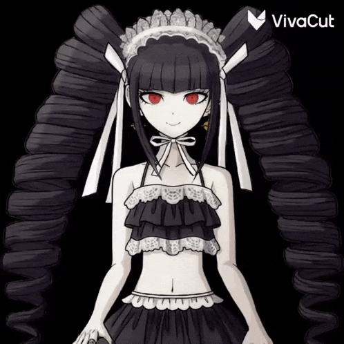 a black and white drawing of a girl with red eyes and the words vivacut below her