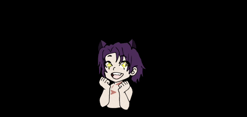 a cartoon of a girl with purple hair and yellow eyes is smiling .