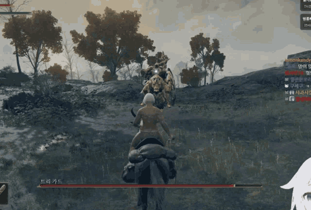 a screenshot of a video game shows a man riding a horse in a field with trees in the background