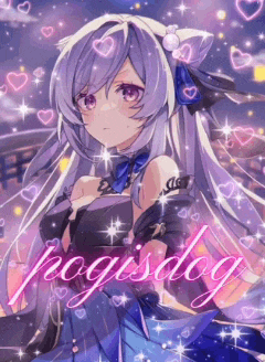 a purple haired anime girl is surrounded by hearts and stars and has the word fogisdog on the bottom