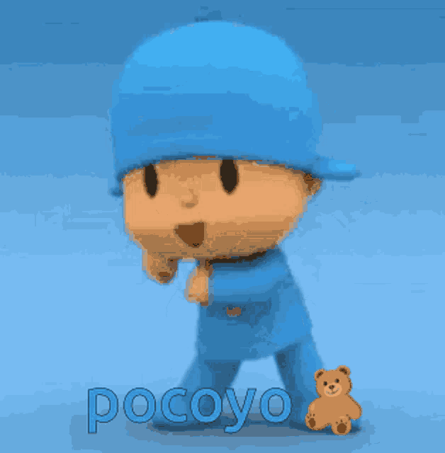 a cartoon character named pocoyo is dancing with a teddy bear