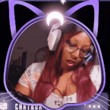 a woman with red hair is wearing headphones and glasses in a cat shaped frame that says chnigun on it