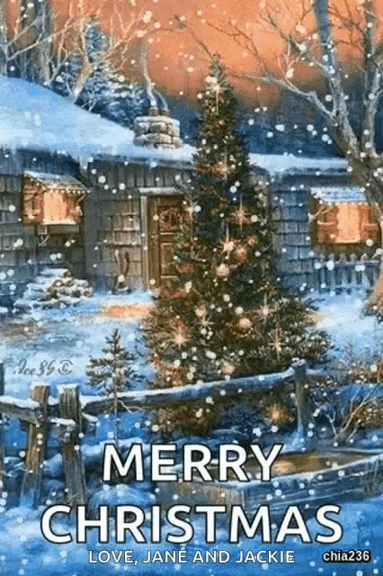 a merry christmas card with a christmas tree in front of a house