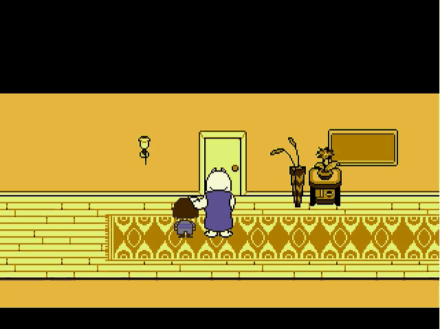 a cartoon character is standing in a room next to a door with a vase of flowers .
