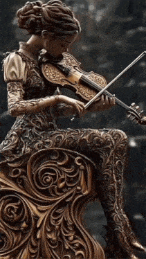 a statue of a woman playing a violin while sitting on a chair