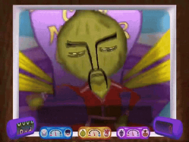 a cartoon of a man with a beard is on a screen with a purple background