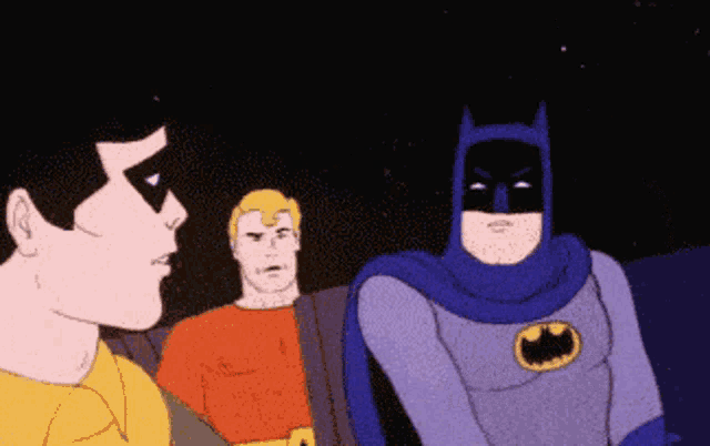 a cartoon of batman robin and aquaman talking to each other