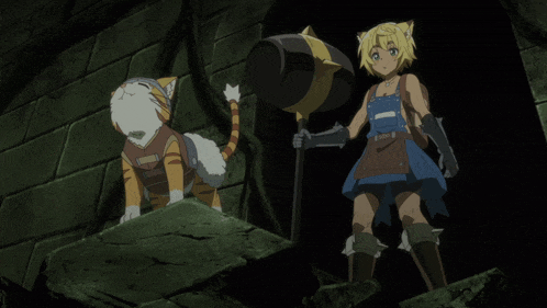 a girl holding a hammer and a cat standing next to her