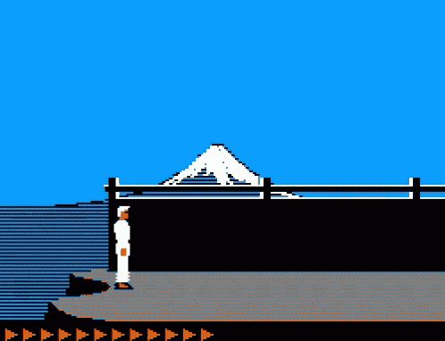 a pixel art of a karate player with a mountain in the background
