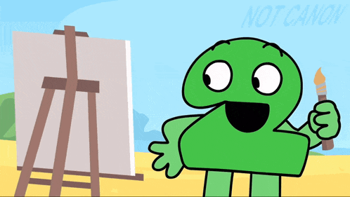 a green cartoon character is holding a brush in front of an easel with the words not canon below it