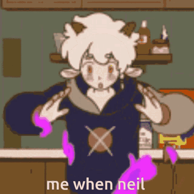 a cartoon character says me when neil in front of a kitchen counter