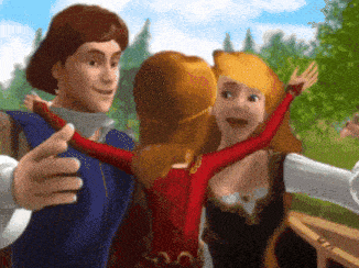 a cartoon of a man and woman hugging a little girl in a red dress