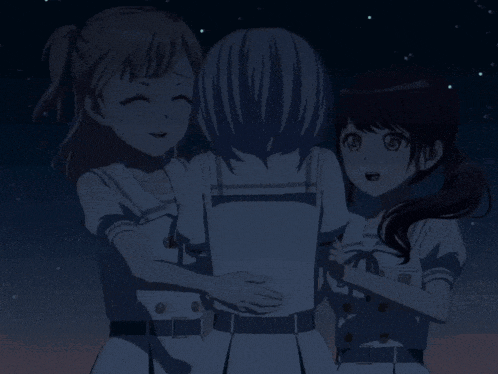 three anime girls are hugging each other under a starry night sky