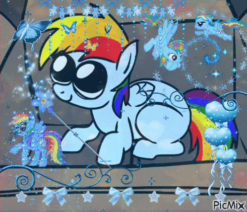 a picture of a rainbow dash pony with balloons and butterflies and the words picmix at the bottom