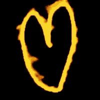 a heart is drawn on a black background with yellow flames