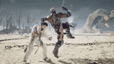 two men are fighting in a video game and one is wearing white