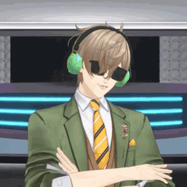 a man wearing headphones and sunglasses stands with his arms crossed