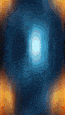 a blue and orange background with a white circle in the center