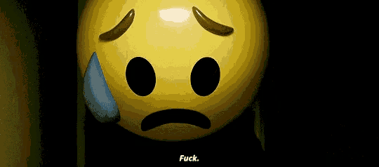 a yellow smiley face with a tear running down its forehead and the words " fuck " next to it