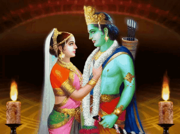 a painting of a man and a woman standing next to each other with candles in the background