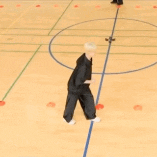 a person is standing on a basketball court with a circle in the middle