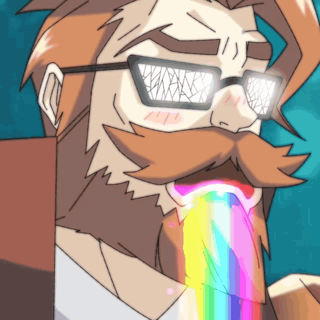 a cartoon drawing of a man with glasses and a rainbow in his mouth