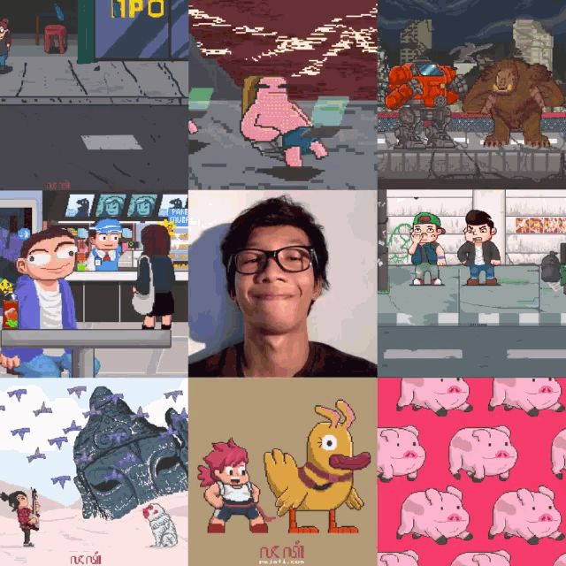a collage of pixel art shows a man and a duck