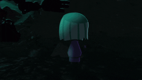 a cartoon drawing of a mushroom in a dark room