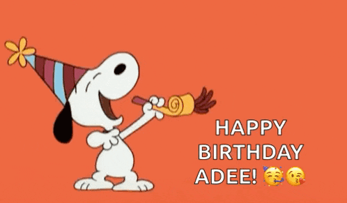 snoopy is wearing a party hat and blowing a party horn and says happy birthday adee !