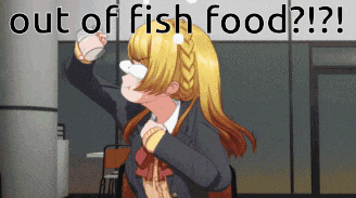 a cartoon of a girl with the words out of fish food on the bottom
