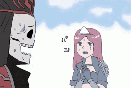 a cartoon drawing of a skeleton and a girl with a crown