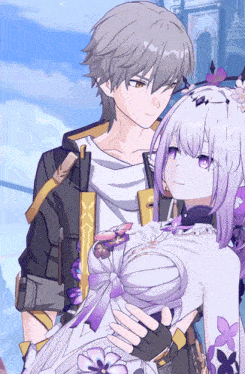 a girl with purple hair is being held by a man
