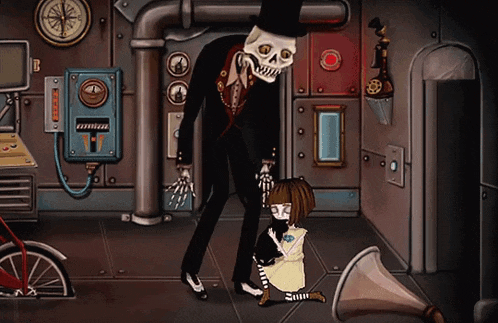 a cartoon of a man with a skull on his head