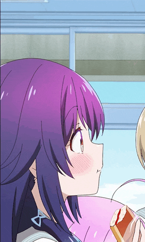 a girl with purple hair is holding a sandwich with jelly on it