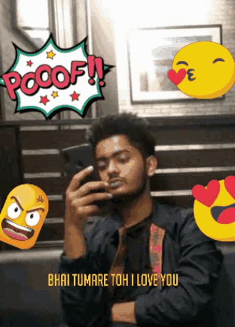 a man taking a picture of himself with a pcoof speech bubble above him