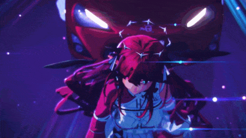 a red haired anime girl is standing in front of a red car