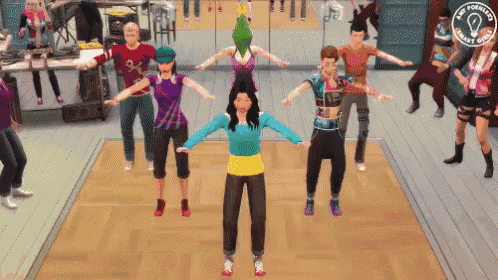 a group of people are dancing on a dance floor with a green parrot on top of a woman 's head ..