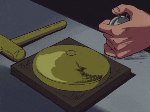a drawing of a person using a hammer to hammer a disc