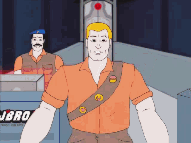 a cartoon of a man standing in front of a good job bro sign