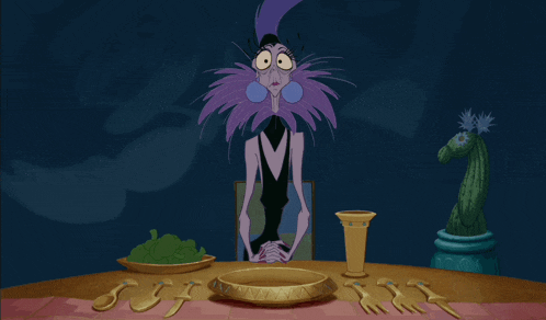 a cartoon character with purple hair is sitting at a table with a bowl of food