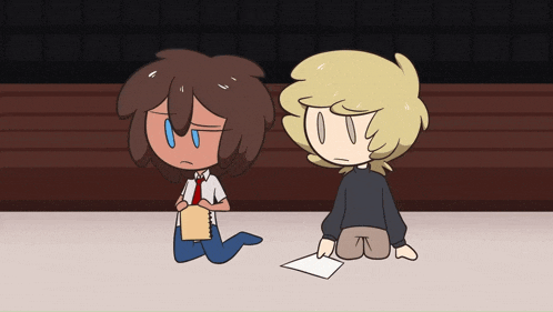 a cartoon of a boy kneeling next to another boy