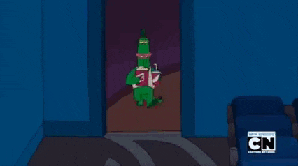 a cartoon character is sitting on a couch holding a cup of soda and a bucket of popcorn .